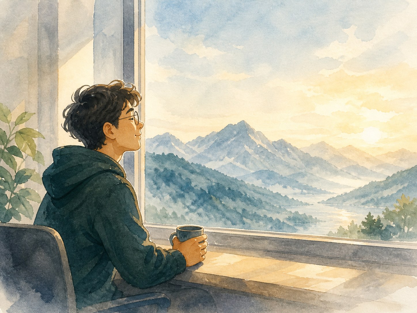 Watercolor of a person at a window with coffee, looking out at mountains at sunset