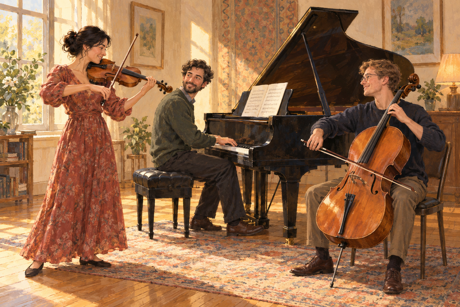 A violinist, pianist, and cellist performing together in a warmly sunlit room.