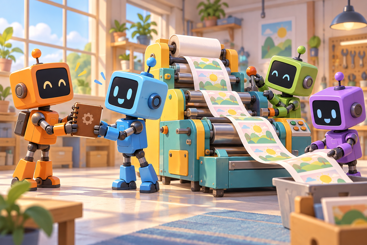 A cheerful robot crew hands over a shift logbook while a printing machine keeps running.