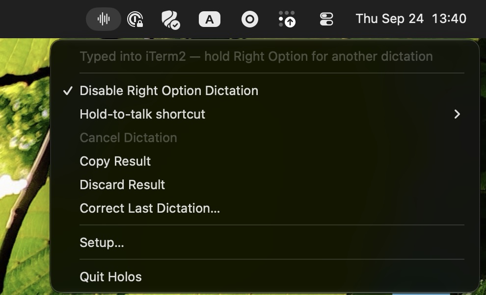 The Voice is Local menu, opened from its waveform icon in the menu bar: the last dictation was typed into iTerm2, with Copy Result, Correct Last Dictation and Setup below.