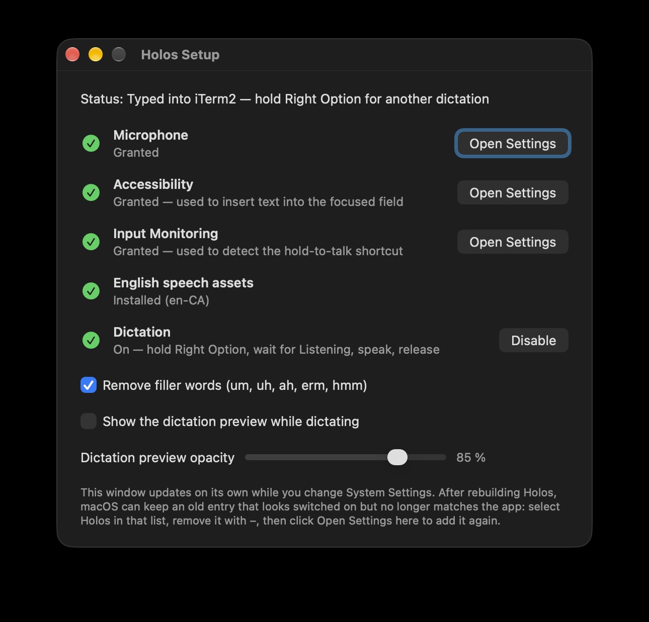 The Voice is Local Setup window with every step green: Microphone, Accessibility, Input Monitoring, English speech assets and Dictation. Filler removal is on; the dictation preview is off.