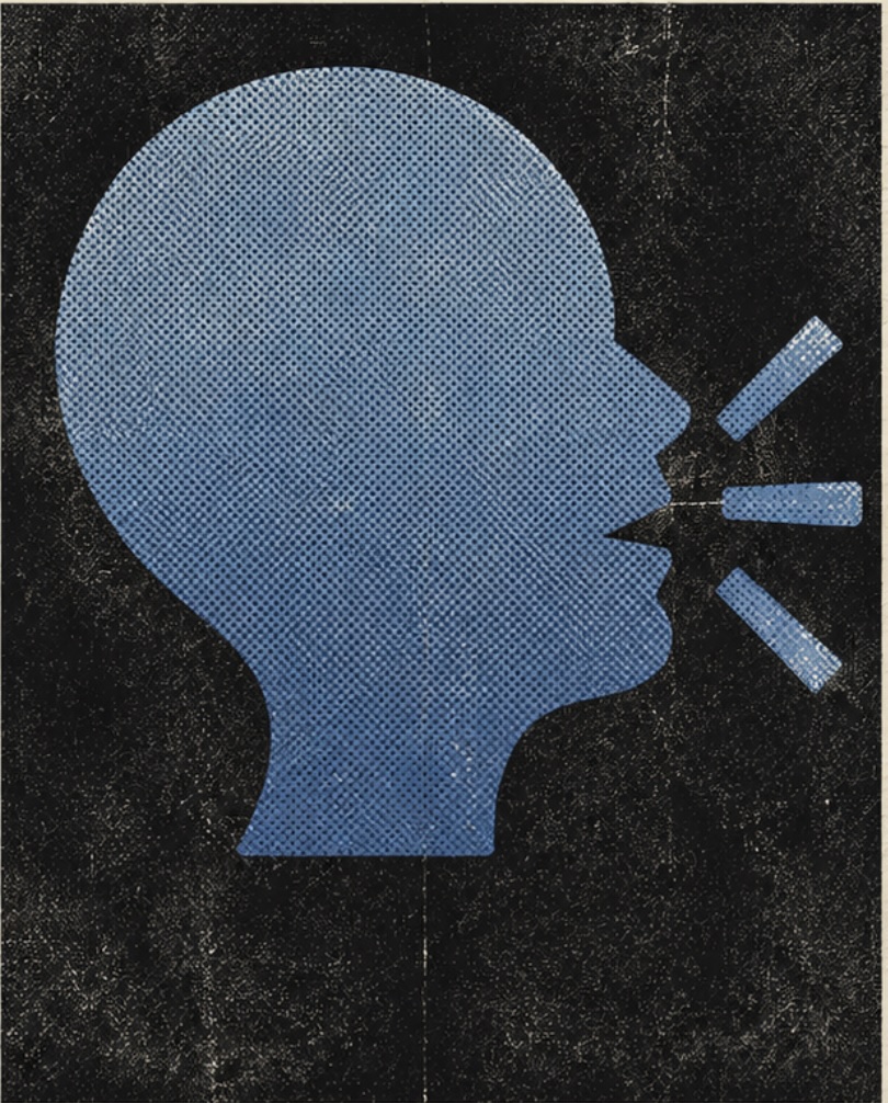 Halftone illustration of a head shouting, three speech bursts coming from the mouth, blue on black