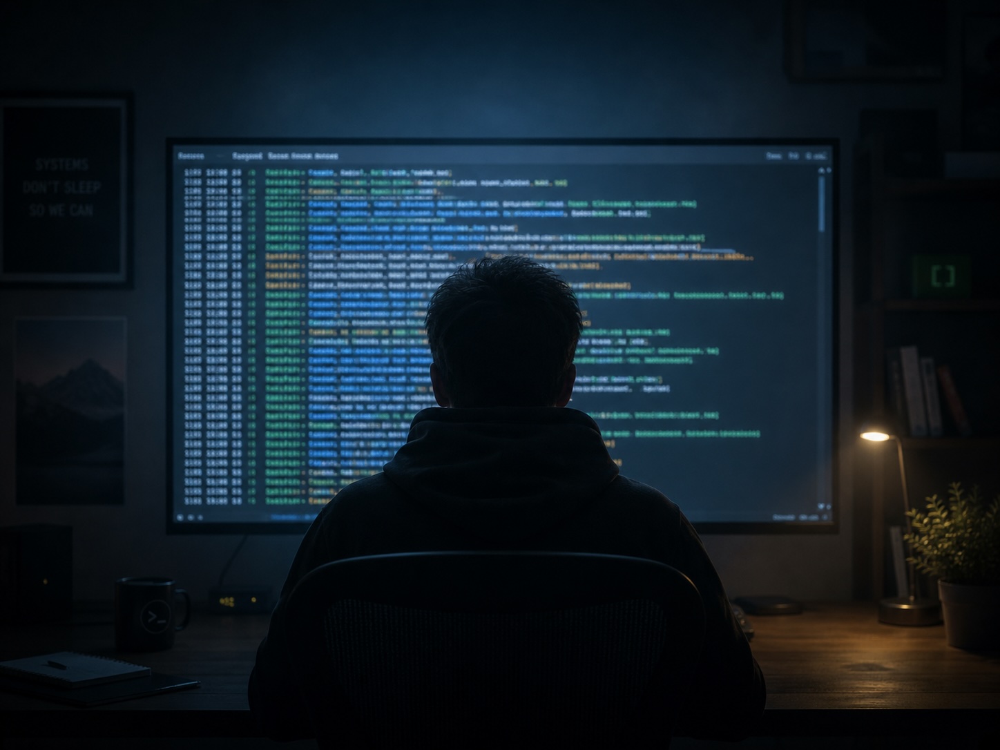 Silhouette watching a wall of scrolling colored log lines in a dim room