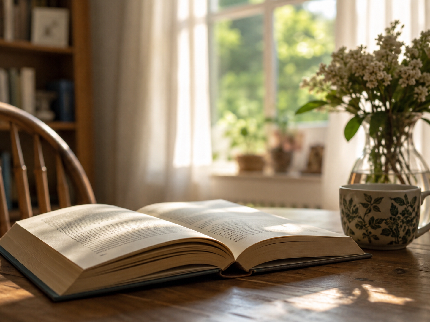 Open paper book on a wooden table, sunlit window, vase of flowers nearby